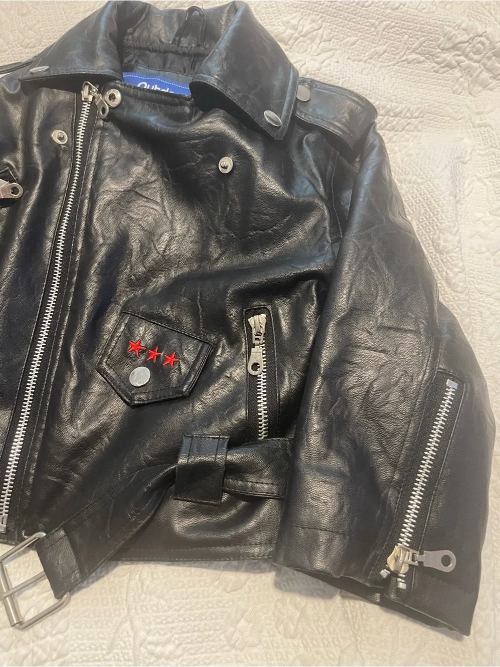 Kids 3T Black Faux Leather Moto Jacket with Star Pocket Embroidered Patches. Zip